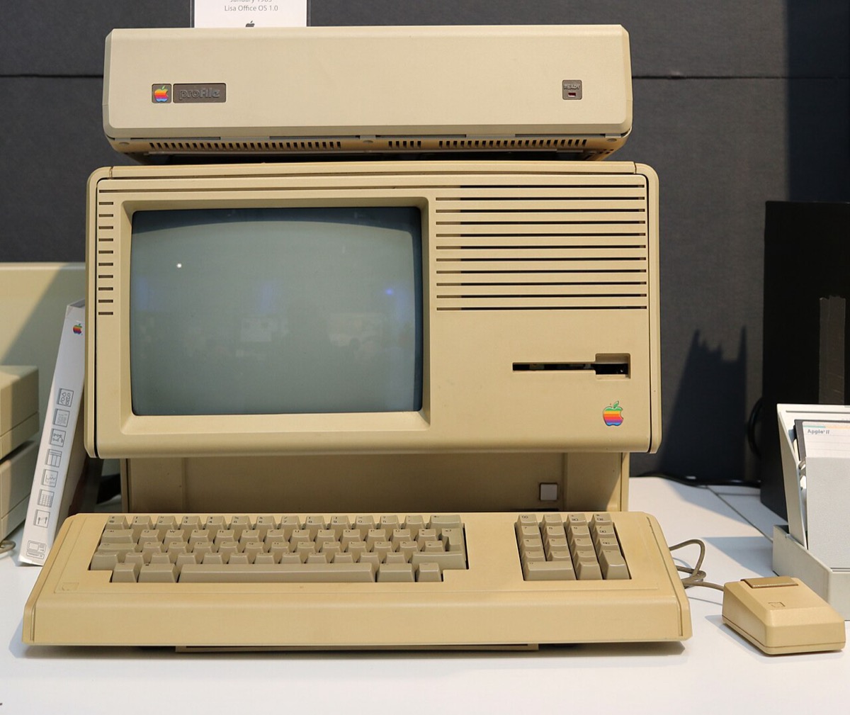 ベージュ色のパソコンの本体とキーボード、マウス。本体の上に外付けの箱が載っている。